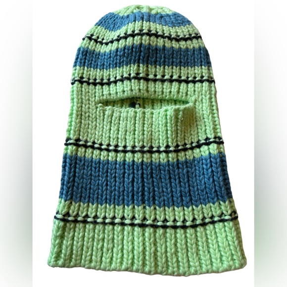 Nice Warm Full Face Green Ski Mask Retro Thick Striped Large Beanie Hat MINTY - Picture 1 of 4